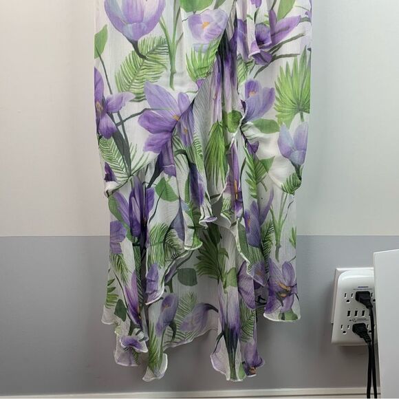 ALICE + OLIVIA White Purple Green Floral Print Cowl Neck Ruffle Slit Dress Sz 0 - Picture 5 of 13